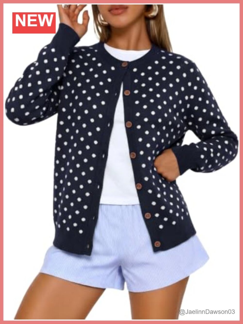 Polka Dot Button Down Cardigan Crewneck Knit Polyester Sweater